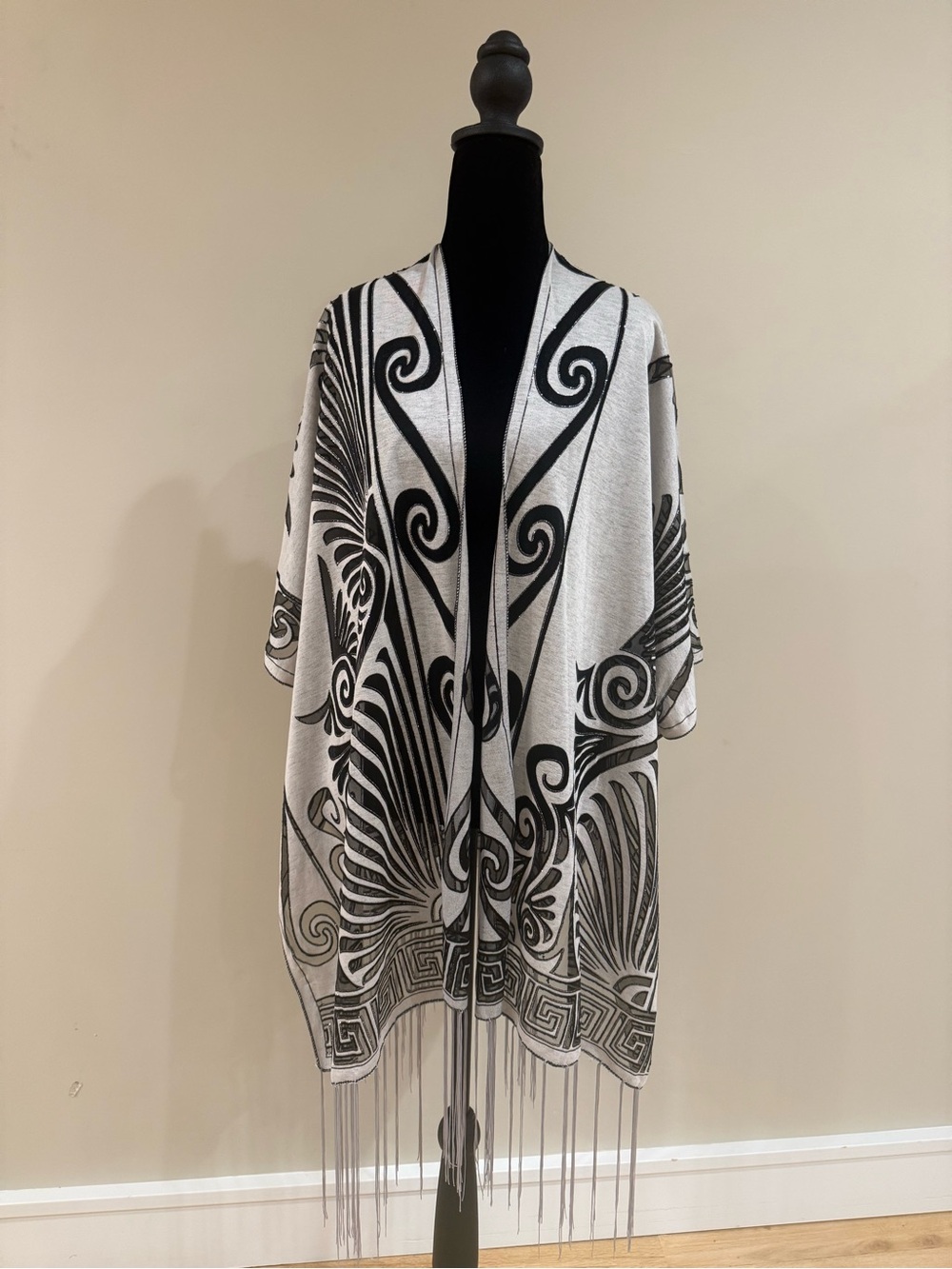 Black and White Fringe Kimono Cover-Up